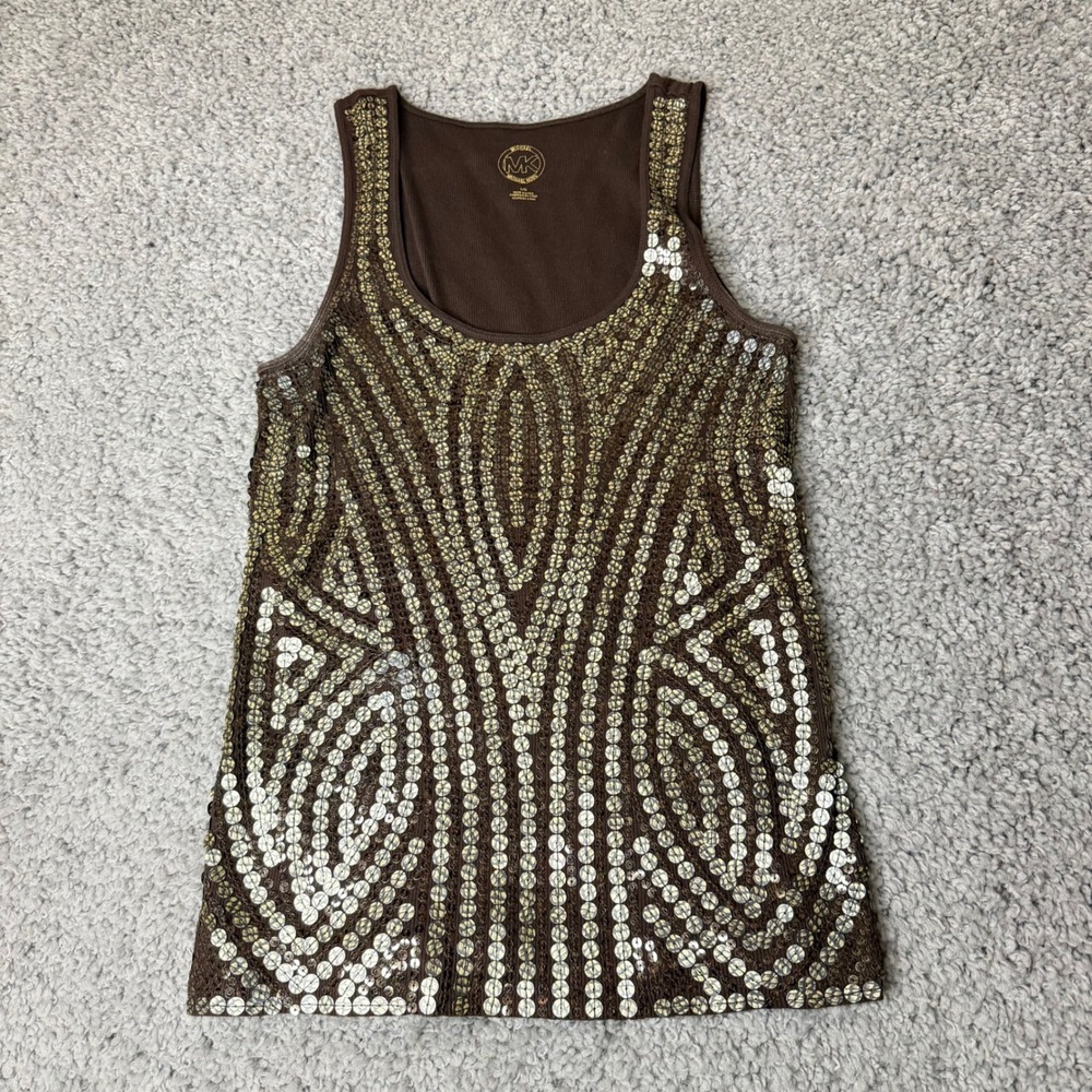 Michael Kors Brown Sequin Tank Top Womens Large Gold Silver Geometric Ribbed MK